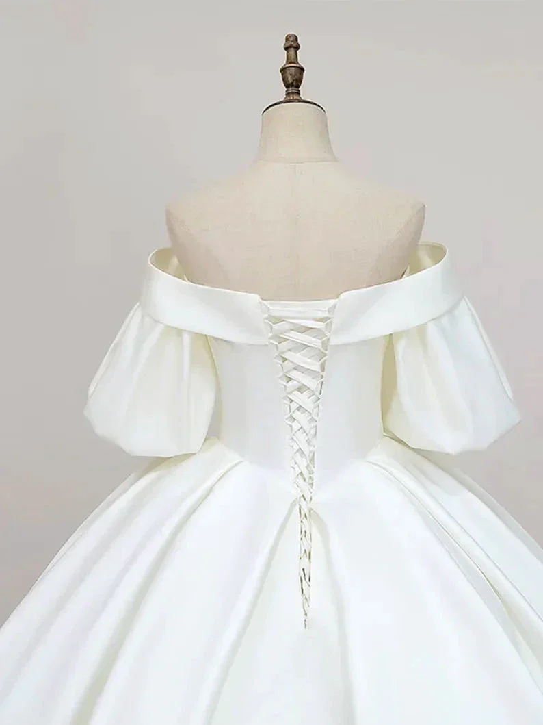 Simple Off-Shoulder Short Sleeves Wedding Dress Satin Chapel Train Ball Gown Bridal Dress Y2388 - Image 3