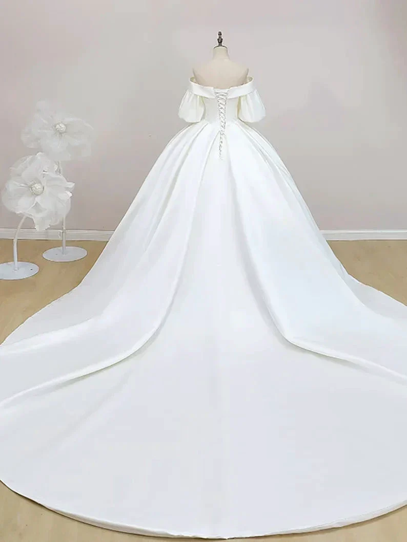 Simple Off-Shoulder Short Sleeves Wedding Dress Satin Chapel Train Ball Gown Bridal Dress Y2388 - Image 4