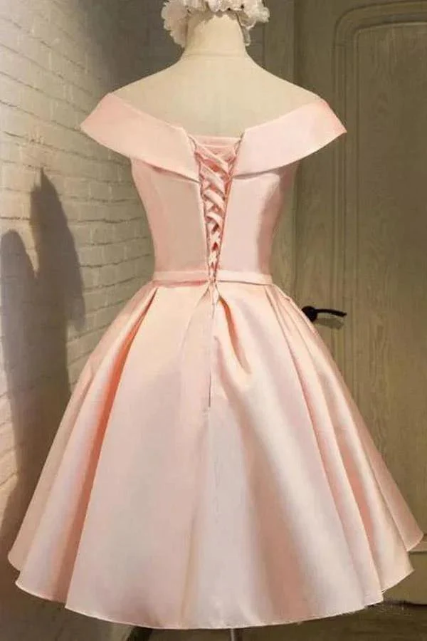 Simple Off the Shoulder Blush Homecoming Dresses Satin Graduation Dress PD288 - Image 2