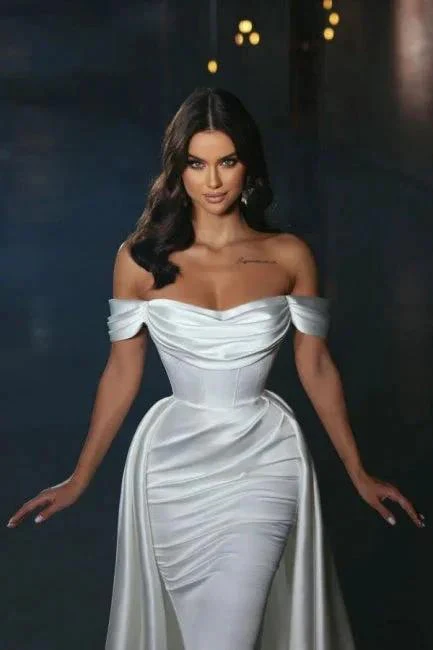 Simple Off-the-shoulder Satin A-line Sleeveless Wedding Dresses With Detachable Train - Image 2