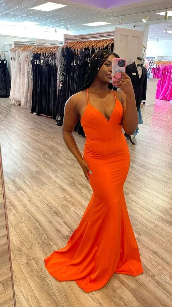 Simple Orange Satin Mermaid Long Prom Dress Orange Evening Dress Y6197 - Image 2