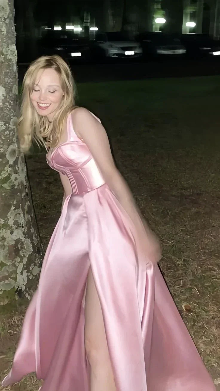 Simple Pink A-Line Satin Party Dress Side Slit Prom Dress Evening Dress Y8563 - Image 2
