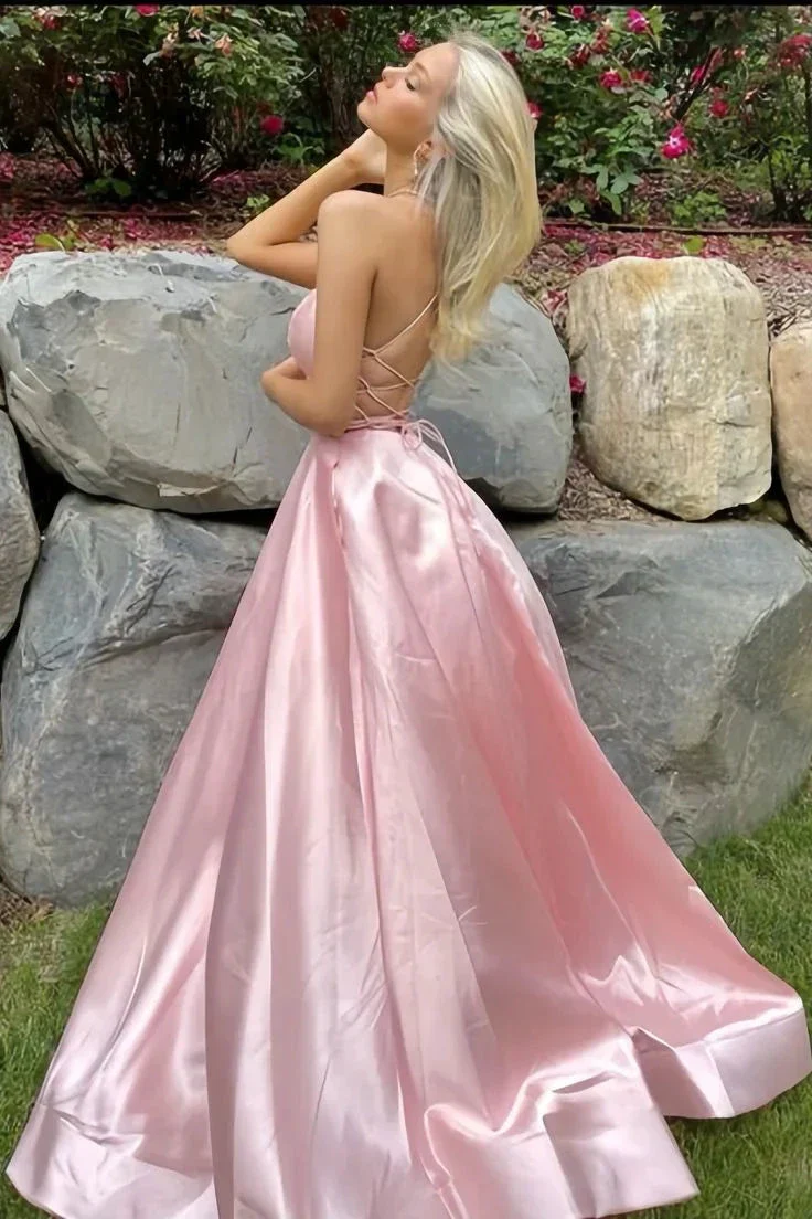 Simple Pink A-Line Satin Party Dress Side Slit Prom Dress Evening Dress Y8563 - Image 3