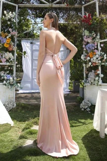 Simple Pink Halter Sleeveless Mermaid Floor-Length Satin Prom Dresses - Image 2