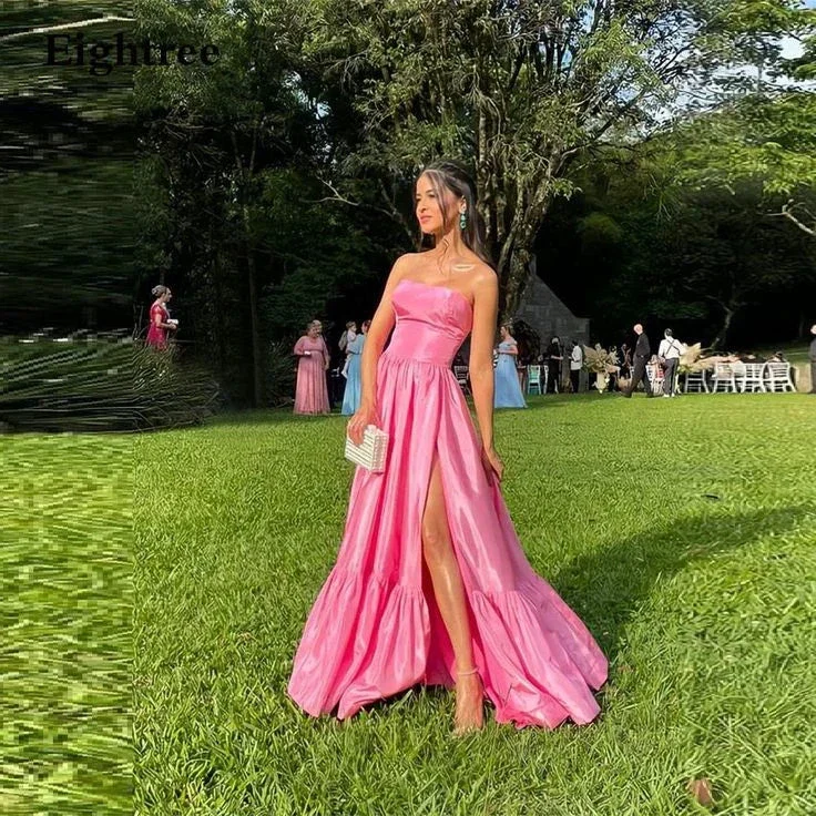 Simple Pink Long A Line Prom Dress Strapless Sleeveless Club Gowns Side Slit Formal Party Night Evening Dress Y6242 - Image 2