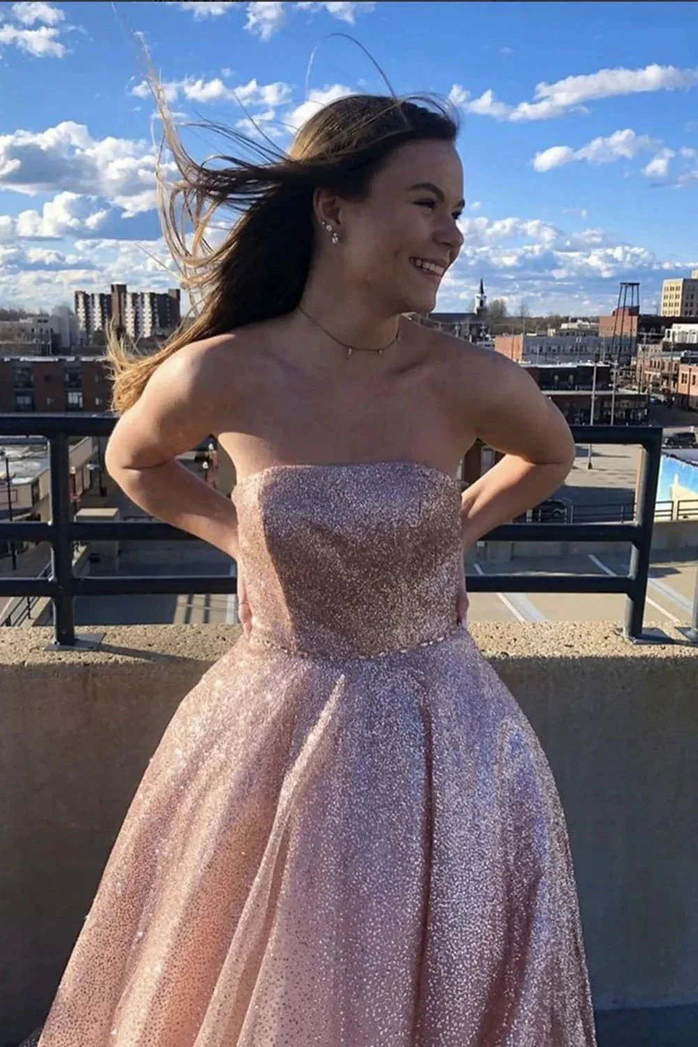 Simple Pink Long A-line Strapless Glitter Tulle Formal Prom Dresses - Image 3