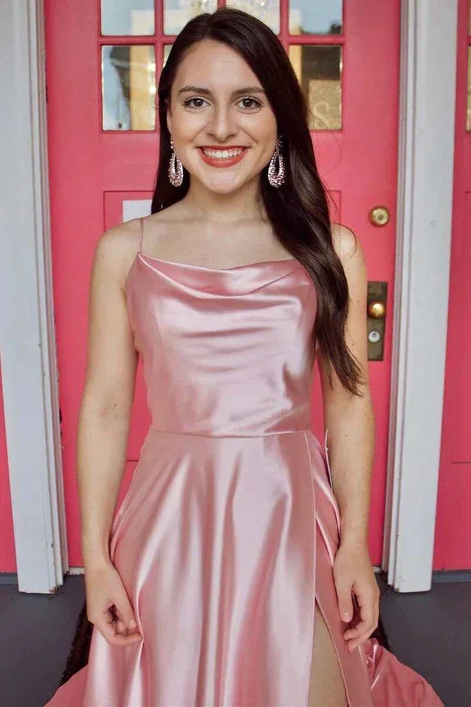 Simple Pink Satin Long Prom Dress with High Slit, Long Pink Formal Graduation Evening Dress Y212 - Image 2