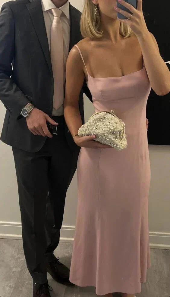 Simple Pink Spaghetti Straps Prom Dress Pink Evening Dress Y7409 - Image 2