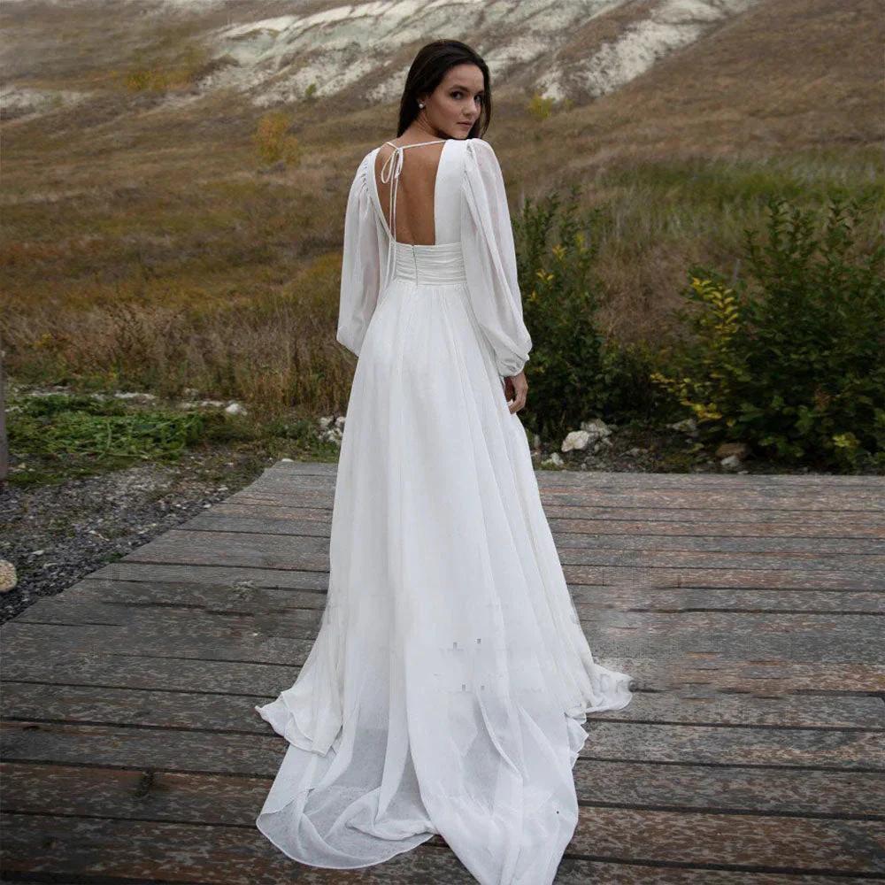 Simple Puff Sleeve Wedding Dress Bridal Long A Line Backless Beach Bride Gown Sweep Train Chiffon Robe De Mariée Vestidos - Image 2