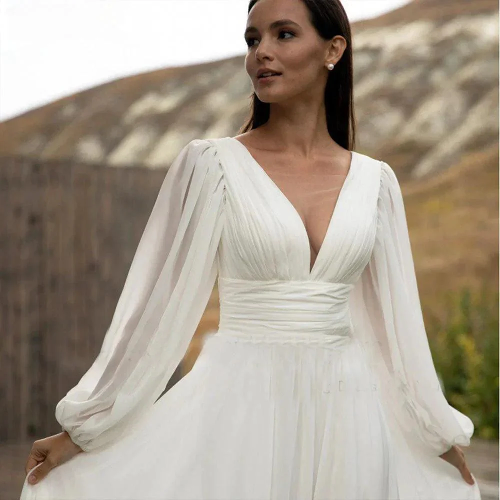 Simple Puff Sleeve Wedding Dress Bridal Long A Line Backless Beach Bride Gown Sweep Train Chiffon Robe De Mariée Vestidos - Image 3