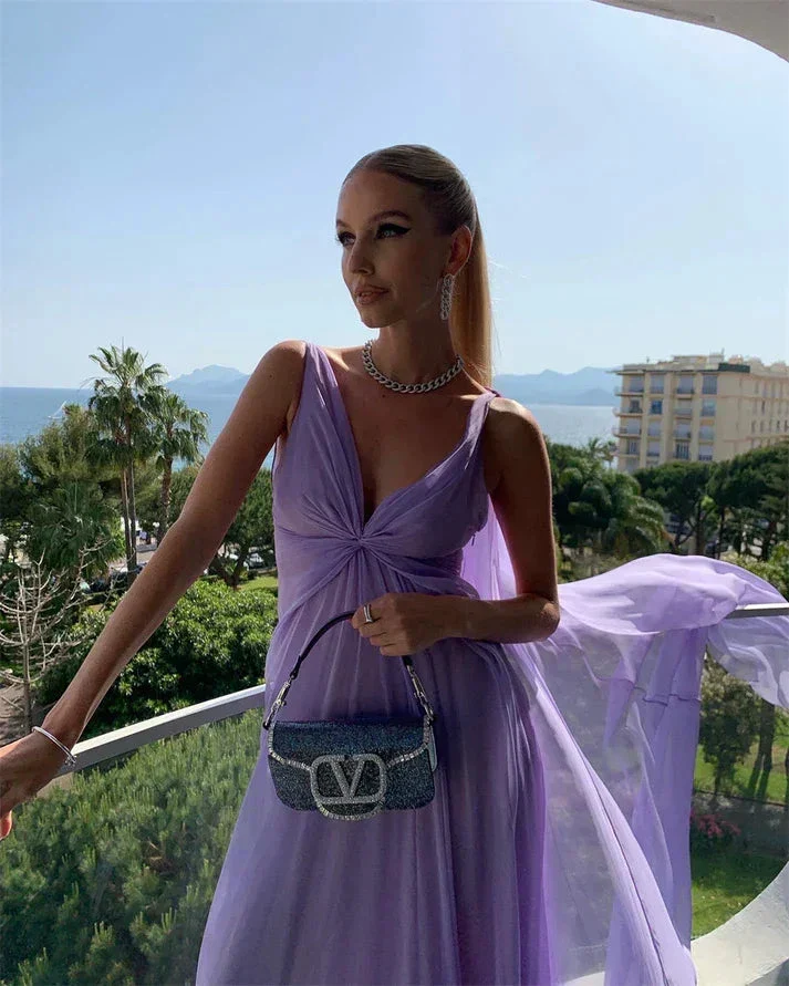 Simple Purple V Neck Tulle Prom Dress Long Evening Gown Y7774 - Image 2