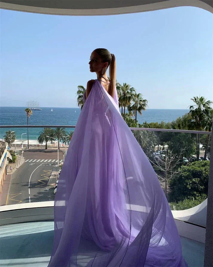 Simple Purple V Neck Tulle Prom Dress Long Evening Gown Y7774 - Image 3