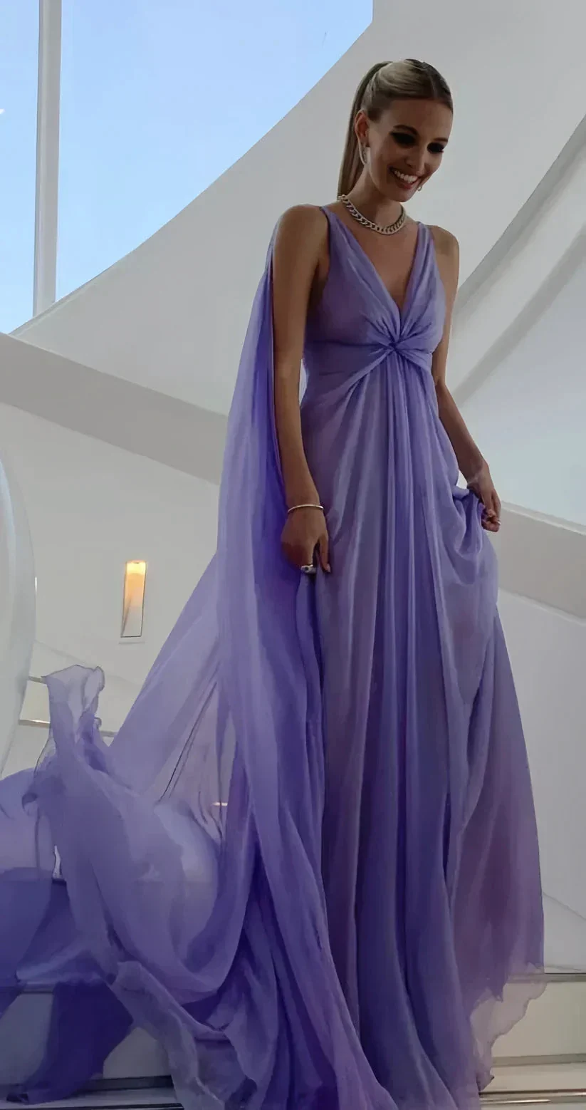 Simple Purple V Neck Tulle Prom Dress Long Evening Gown Y7774 - Image 4