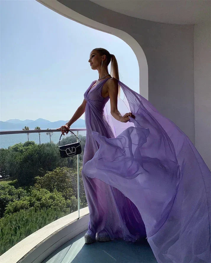 Simple Purple V Neck Tulle Prom Dress Long Evening Gown Y7774 - Image 5