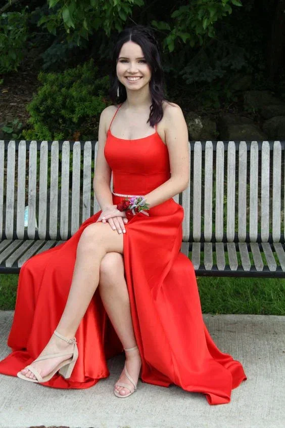Simple Red A-line Prom Dress Lace-up Back Evening Dress Y6547 - Image 3