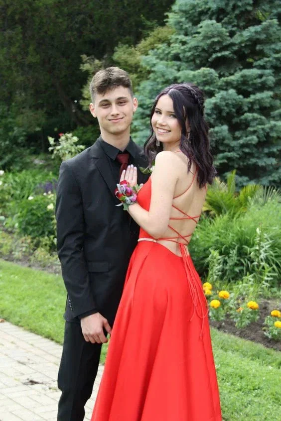 Simple Red A-line Prom Dress Lace-up Back Evening Dress Y6547 - Image 4