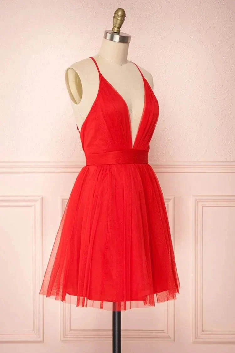 Simple Red A-line V Neck Backless Tulle Short Homecoming Prom Dresses - Image 2