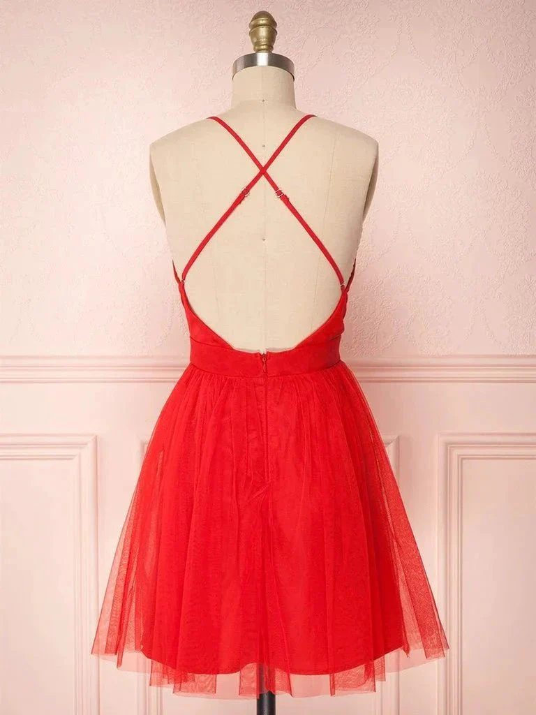 Simple Red A-line V Neck Backless Tulle Short Homecoming Prom Dresses - Image 3
