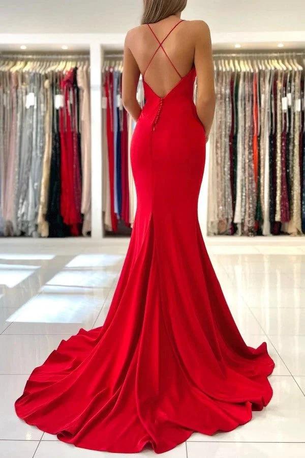 Simple Red Long Mermaid V-neck Open Back Prom Dresses - Image 4