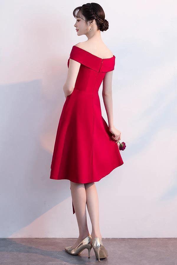 Simple Red Satin Off The Shoulder Homecoming Dresses Party Dresses PD090 - Image 2