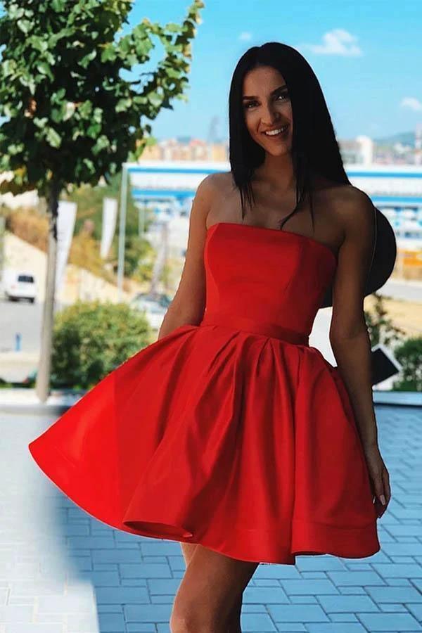 Simple Red Satin Strapless Short Formal Homecoming Dress PD376 - Image 3