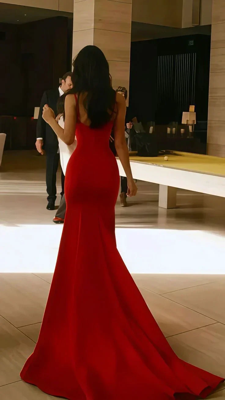 Simple Red Spaghetti Straps Mermaid Prom Dress Formal Evening Gown Y7902 - Image 3
