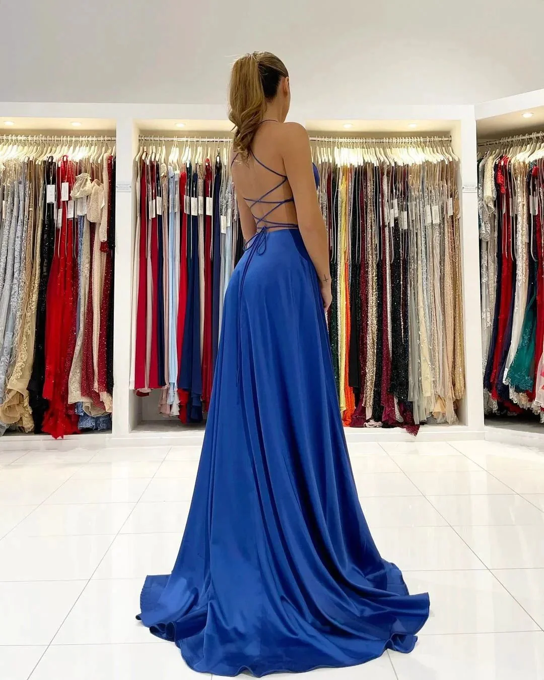 Simple Royal Blue A-line V-neck Backless Long Prom Dress with Slit - Image 2