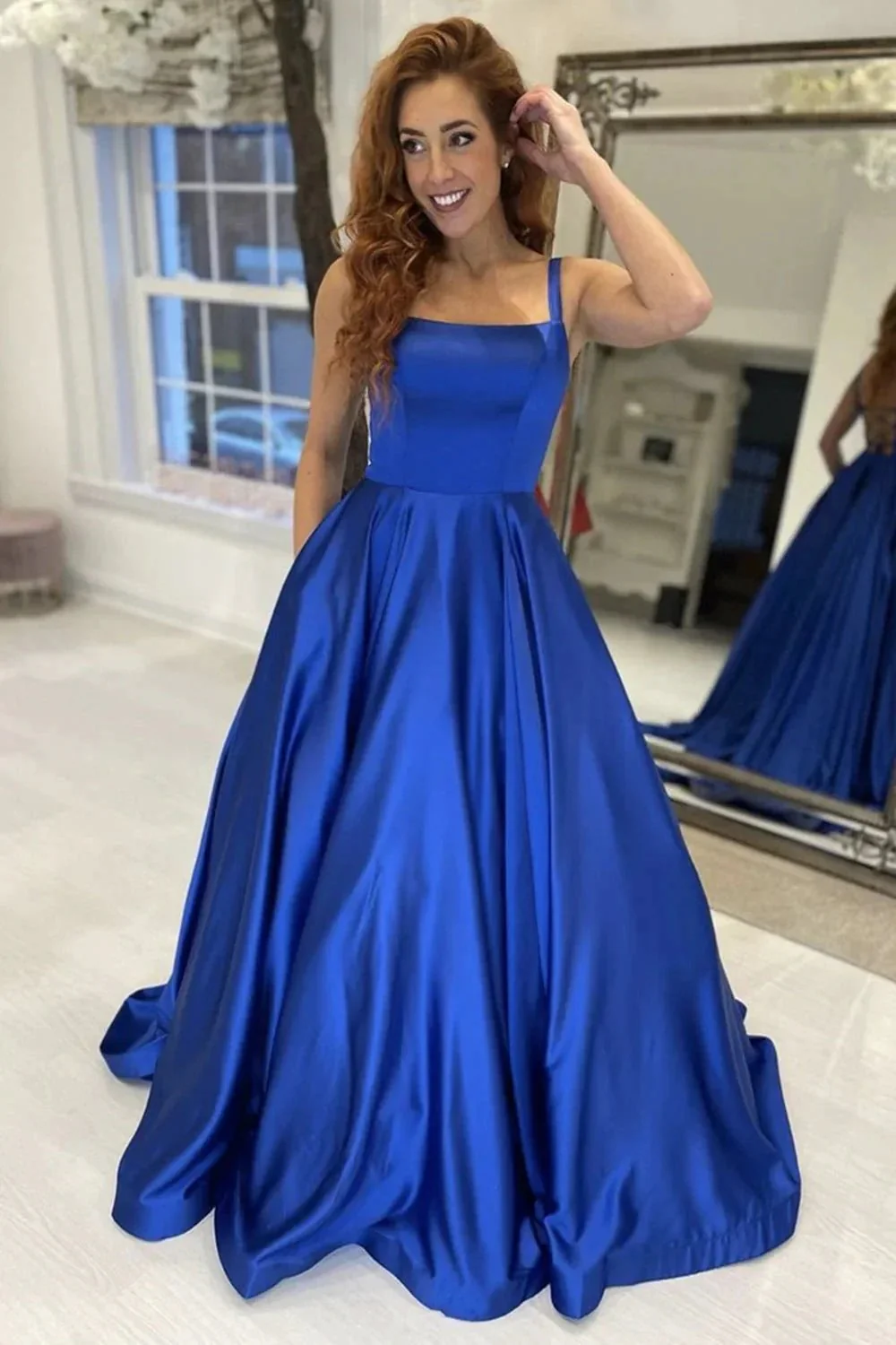 Simple Royal Blue Long A-line Satin Backless Formal Graduation Evening Prom Dresses - Image 2