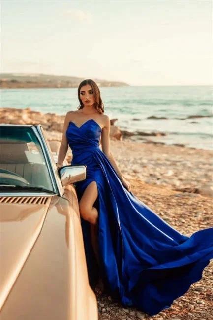 Simple Royal Blue Long A-line Sleeveless Prom Dresses With Slit - Image 2