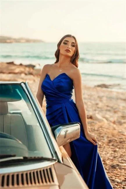 Simple Royal Blue Long A-line Sleeveless Prom Dresses With Slit - Image 3