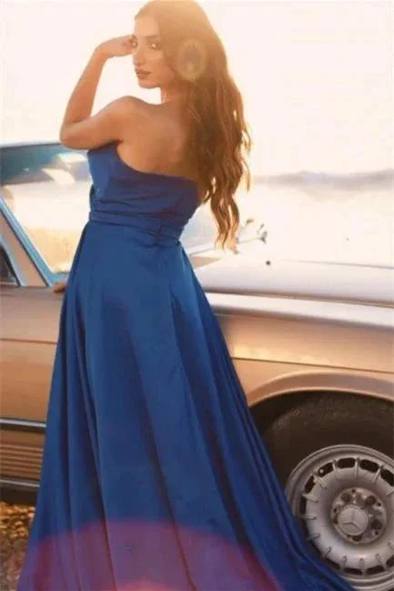 Simple Royal Blue Long A-line Sleeveless Prom Dresses With Slit - Image 4