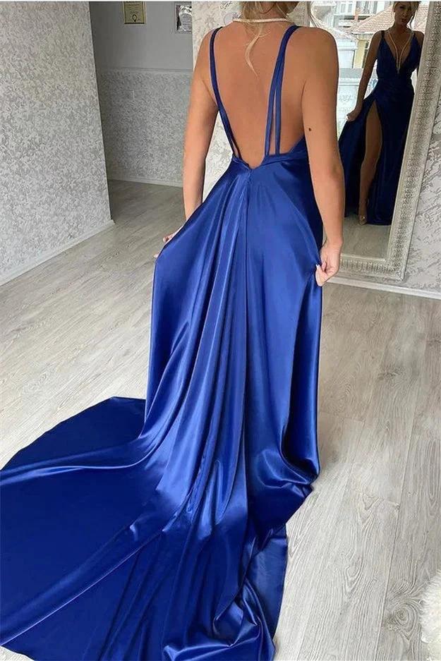 Simple Royal Blue V-neck Satin Split Front Mermaid Prom Dress - Image 2