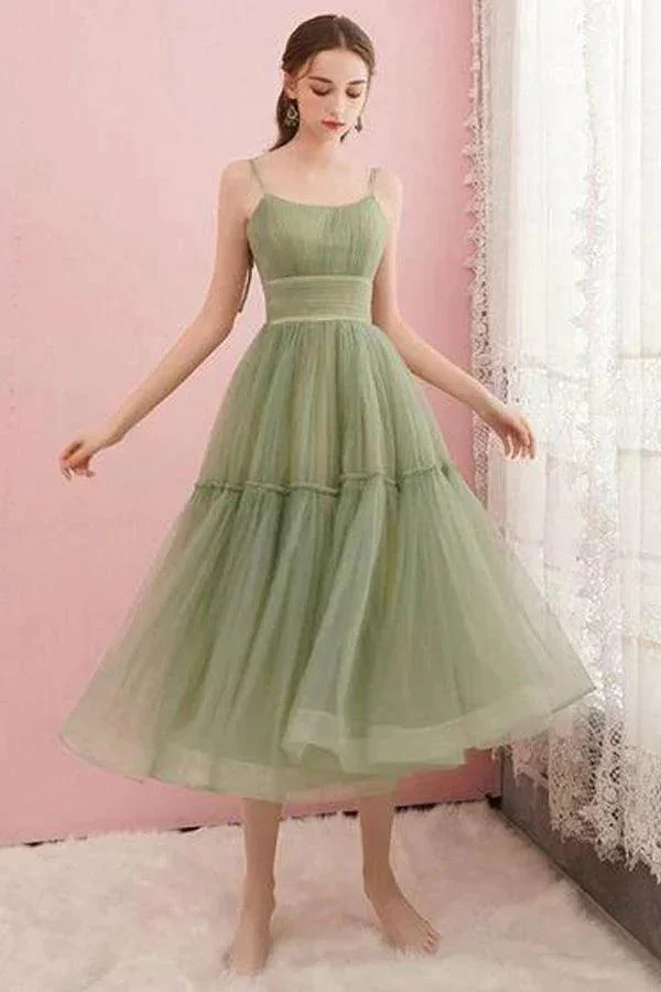 Simple Sage Green Tulle Round Neck Homecoming Graduation Dresses PD434 - Image 2