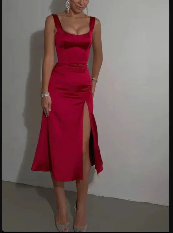 Mid Length Cocktail Dress Front Slit Long Party Dress Short Satin Prom Dresses Y695 - Image 2