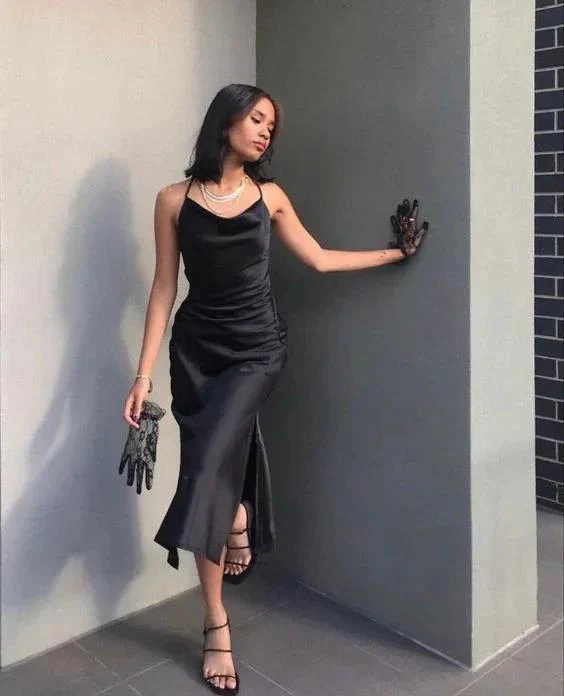 Simple Sheath Cowl Neck Black Tea Length Evening Dresses  Y1322 - Image 2