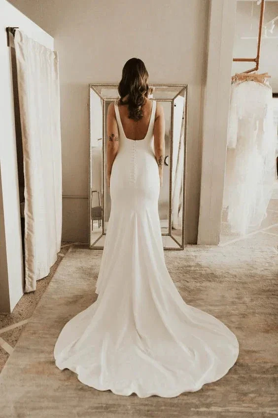 Simple Sheath Square Neck Long Backless Wedding Dress WD599 - Image 3