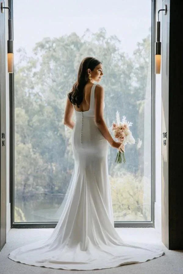 Simple Sheath Square Neck Long Backless Wedding Dress WD599 - Image 4