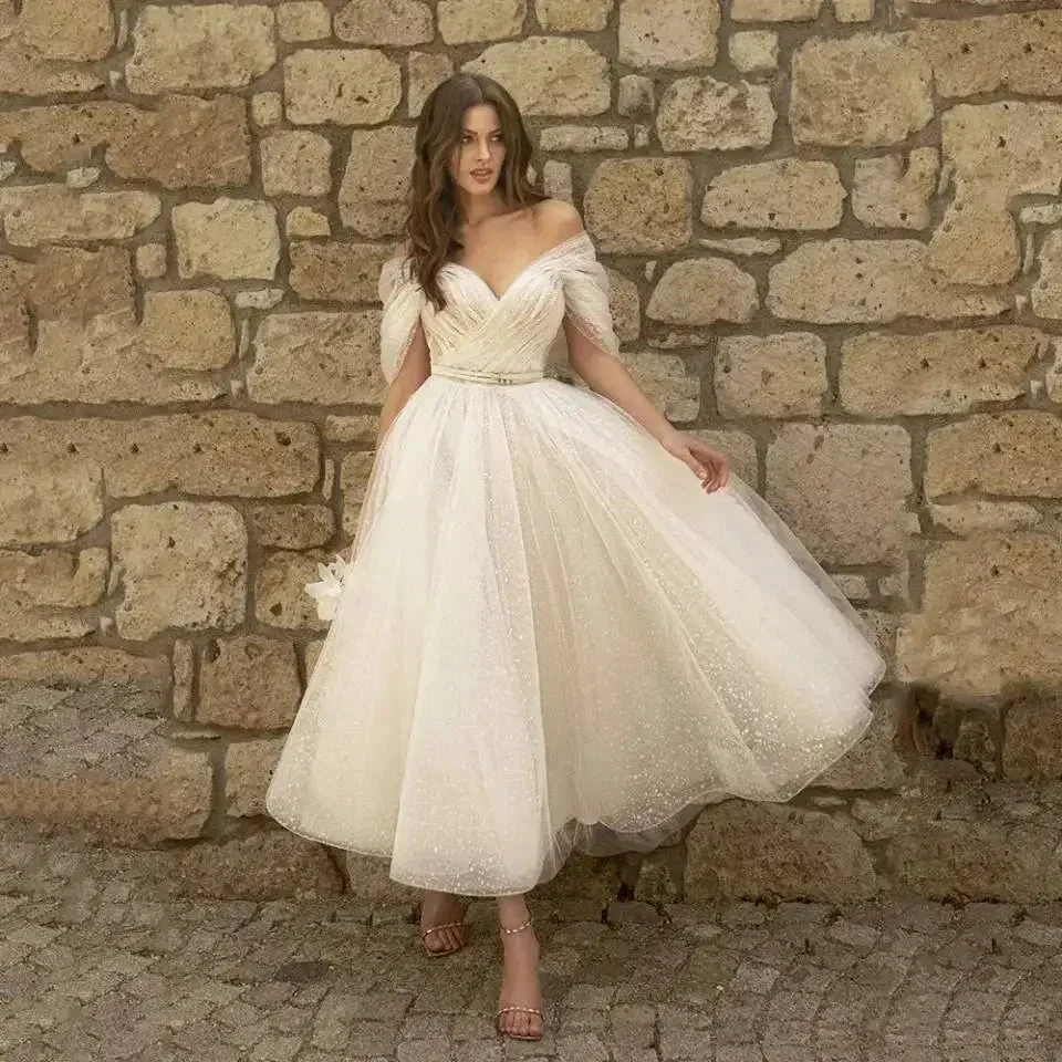 Simple Short Beach Wedding Dress 2022 V Neck Off Shouler Custom Made Bridal Gowns A Line Tea Length Backless  Vestidos De Novia - Image 2