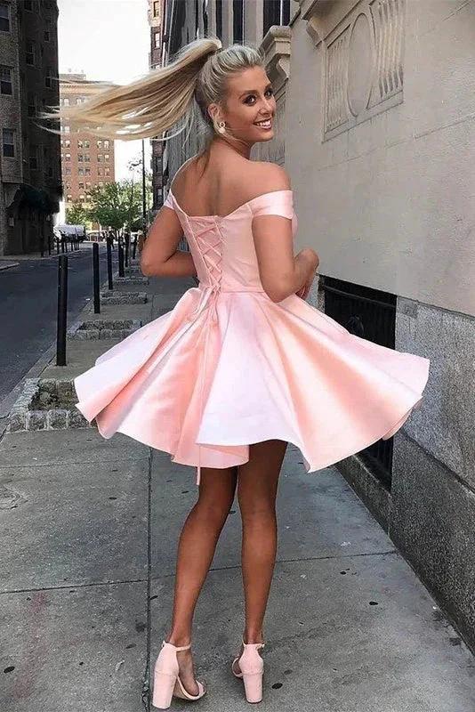 Simple Short Prom Dresses A-Line Satin Off-Shoulder Homecoming Dresses - Image 3