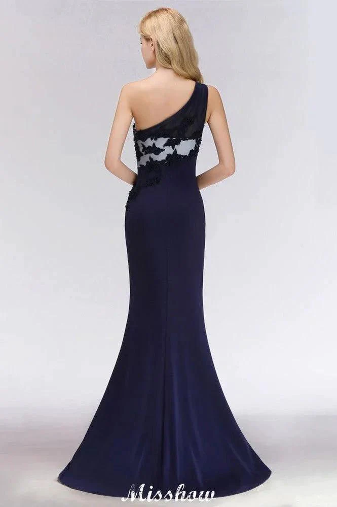 Simple Side Split One-Shoulder Prom Dresses | A-Line Sleeveless Mermaid Floral Appliques Evening Dresses - Image 2