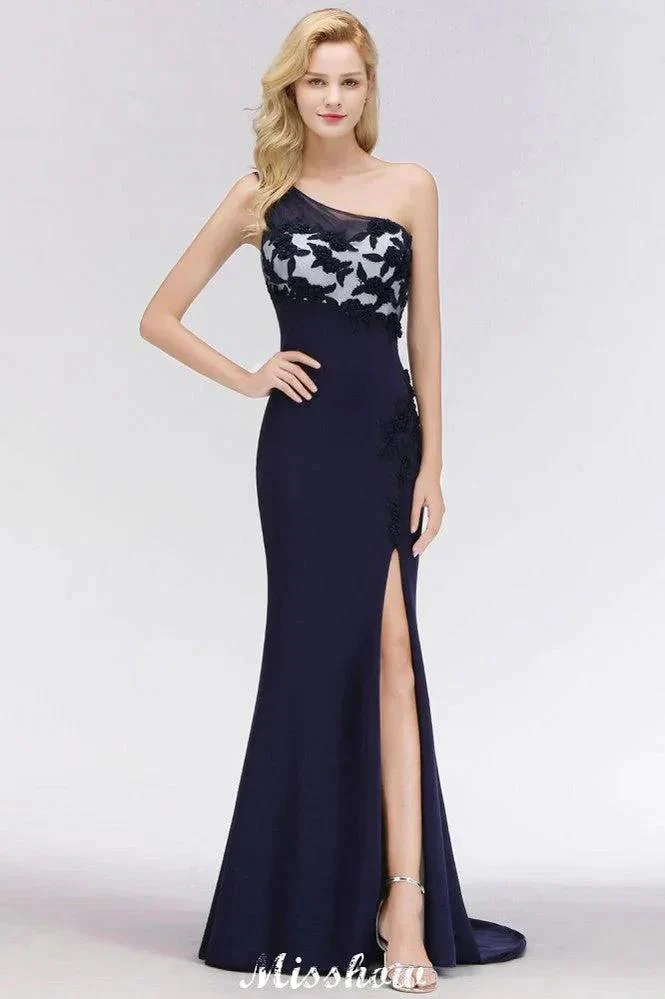 Simple Side Split One-Shoulder Prom Dresses | A-Line Sleeveless Mermaid Floral Appliques Evening Dresses - Image 3