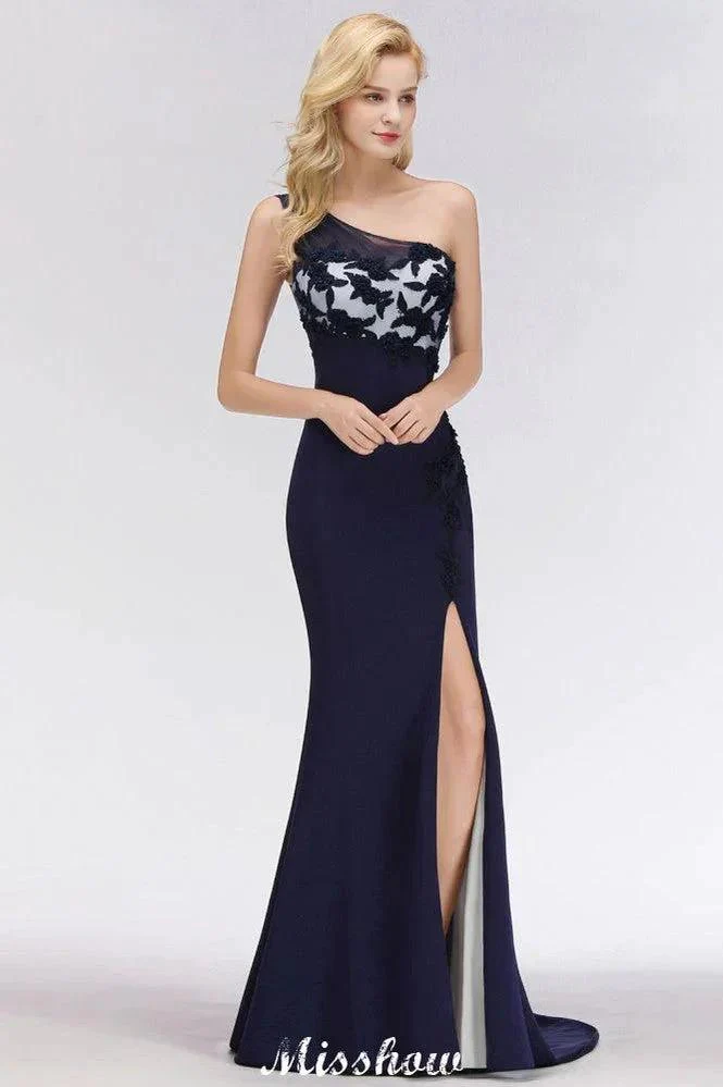 Simple Side Split One-Shoulder Prom Dresses | A-Line Sleeveless Mermaid Floral Appliques Evening Dresses - Image 4