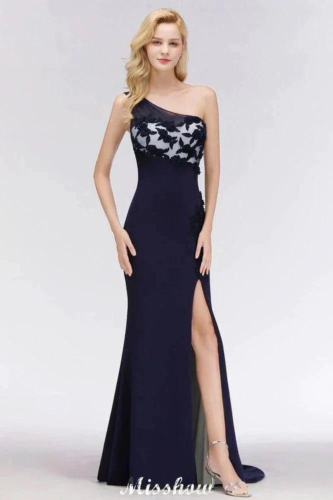 Simple Side Split One-Shoulder Prom Dresses | A-Line Sleeveless Mermaid Floral Appliques Evening Dresses - Image 5