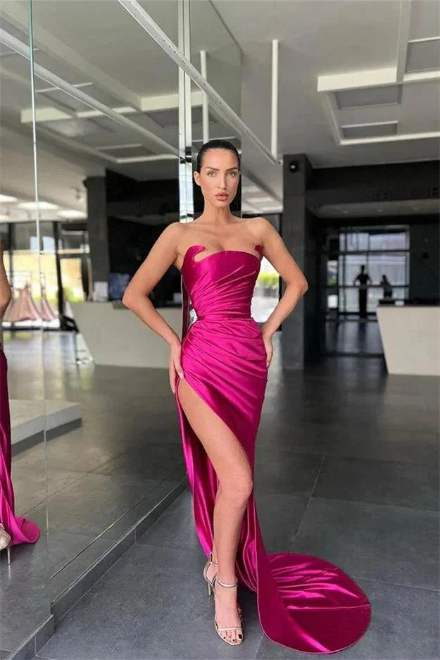 Simple Sleeveless Sexy Satin Split Front Mermaid Prom Dress - Image 3