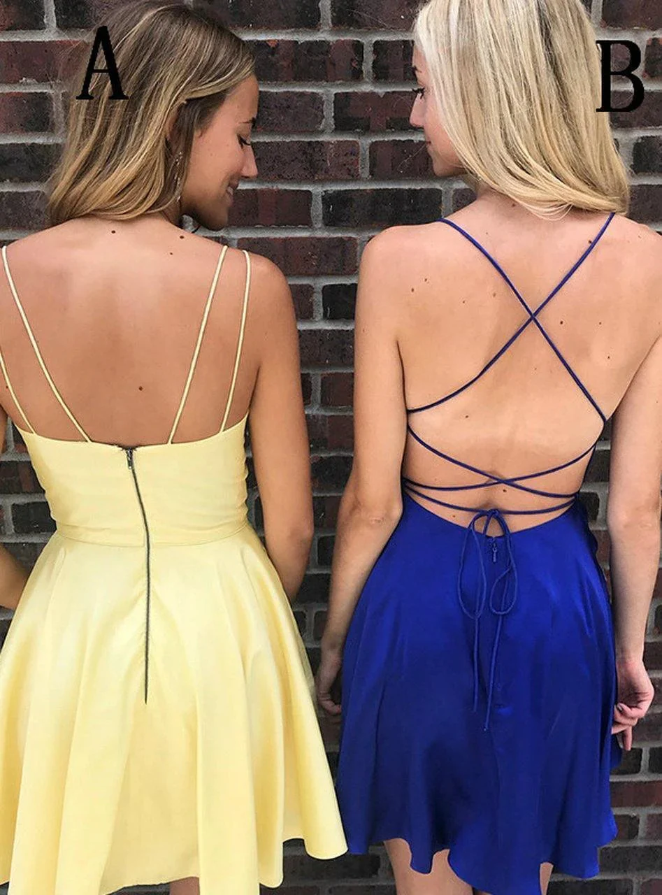 Simple Spaghetti Strap Yellow/Royal Blue Short Homecoming Dress  PD275 - Image 2