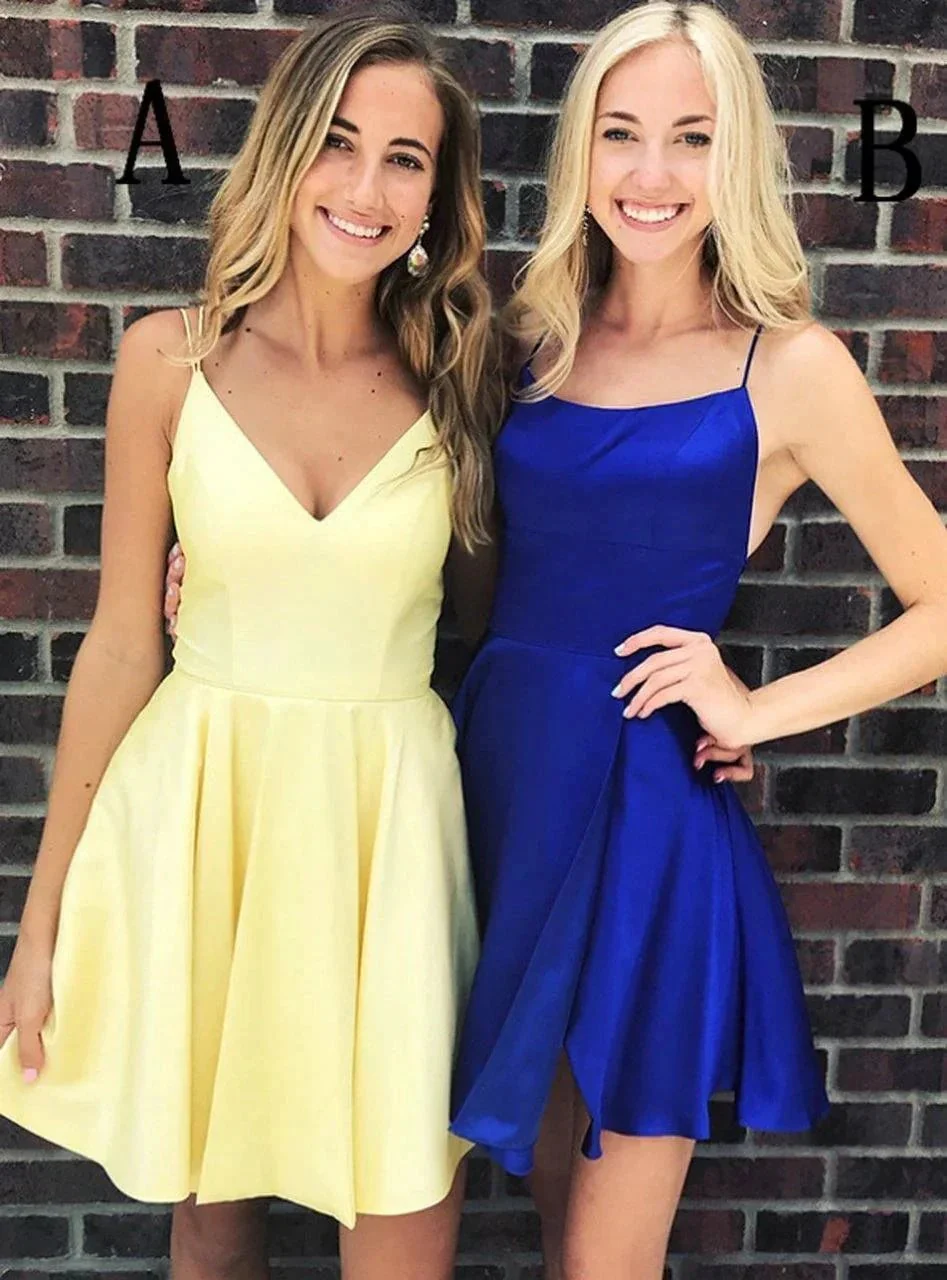 Simple Spaghetti Strap Yellow/Royal Blue Short Homecoming Dress  PD275 - Image 3