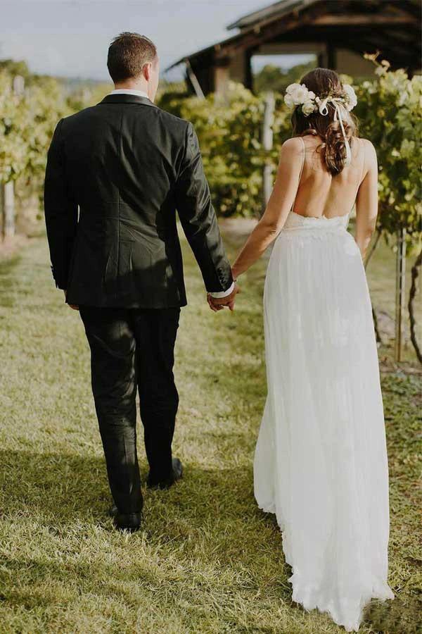 Simple A-line Spaghetti Straps Beach Chiffon Wedding Dresses with Lace  WD317 - Image 5