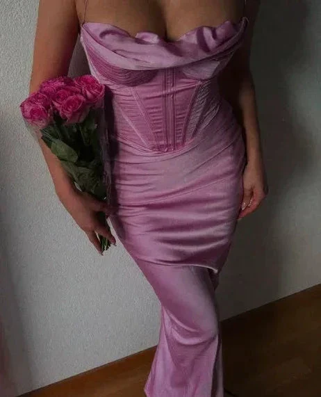 Simple Spaghetti Straps Lavender Satin Evening Dress Sheath Party Prom Dress Y8094 - Image 2