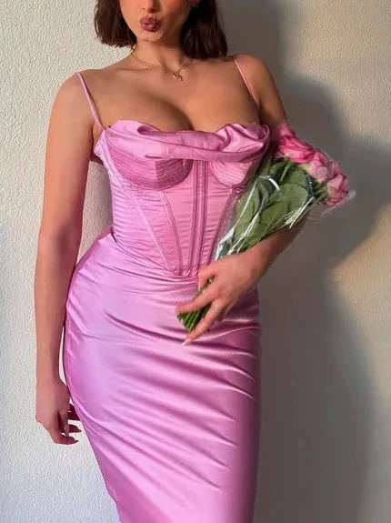 Simple Spaghetti Straps Lavender Satin Evening Dress Sheath Party Prom Dress Y8094 - Image 3