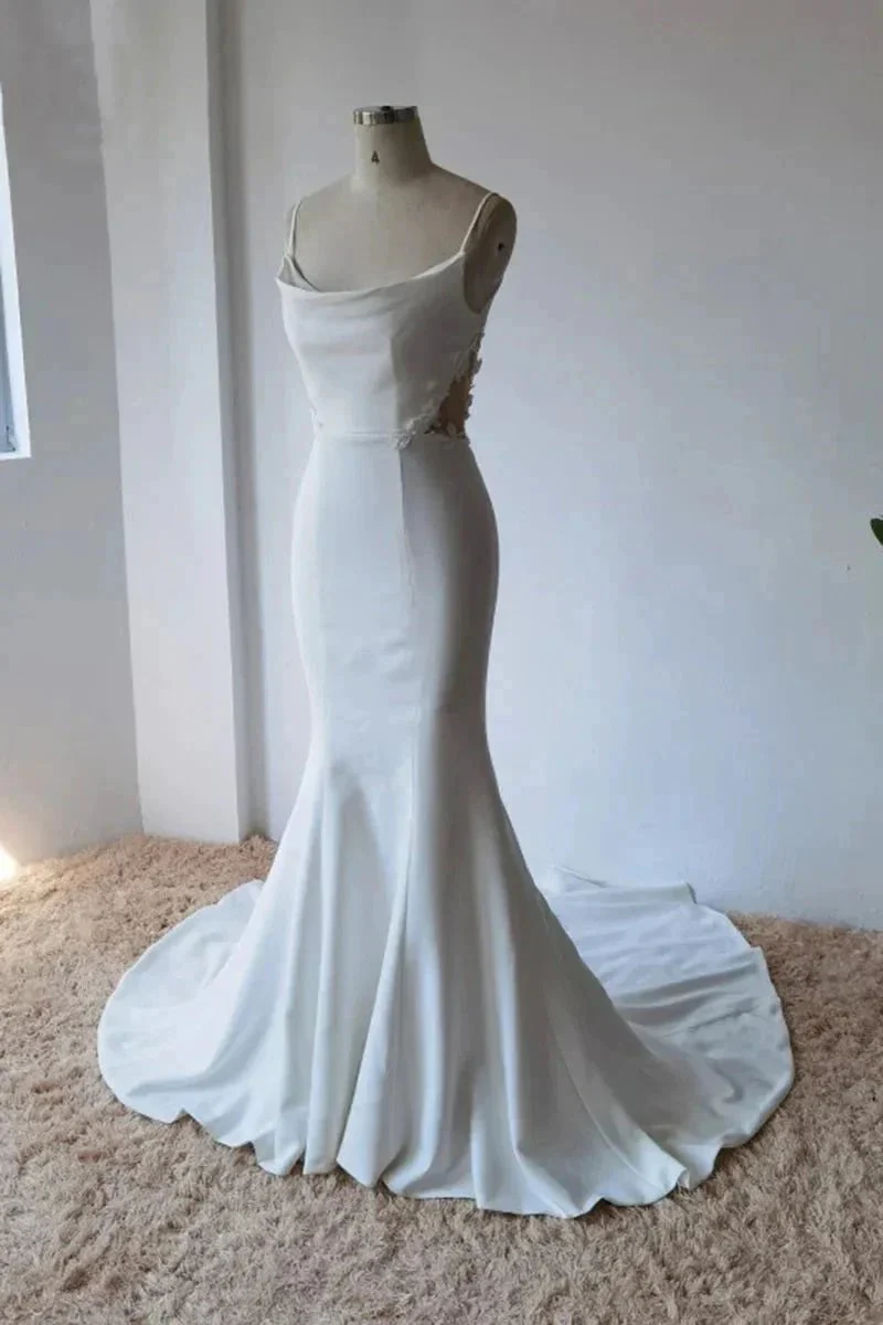 Simple Spaghetti Straps Satin Mermaid Modest Wedding Dress WD672 - Image 2